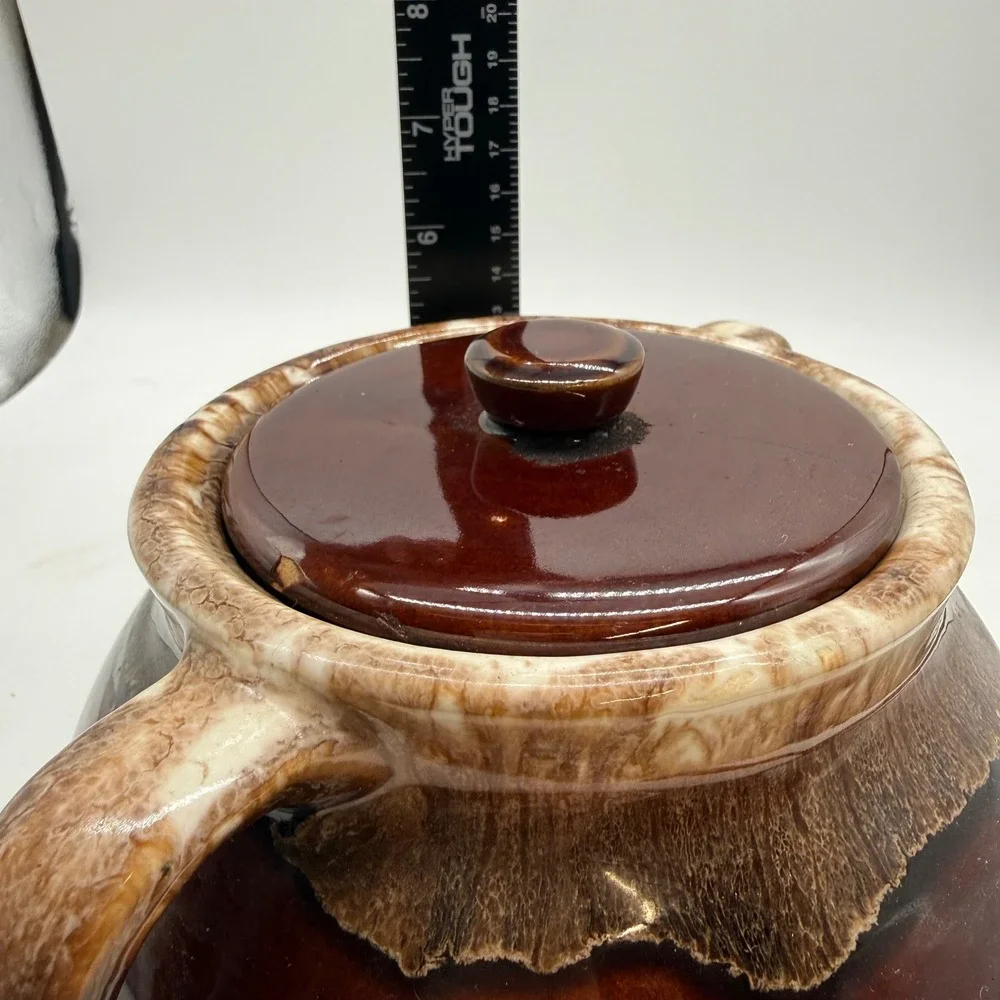 Vintage Brown Drip Glaze Ceramic Bean Pot Cookie Jar with Lid Dual Handles MCM